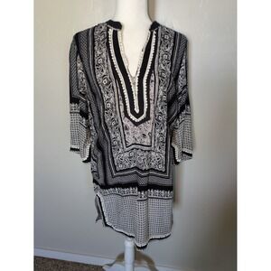 Ark & Co‎ Black White Boho Tunic Dress Medium Paisley Geometric Print 3/4 Sleeve